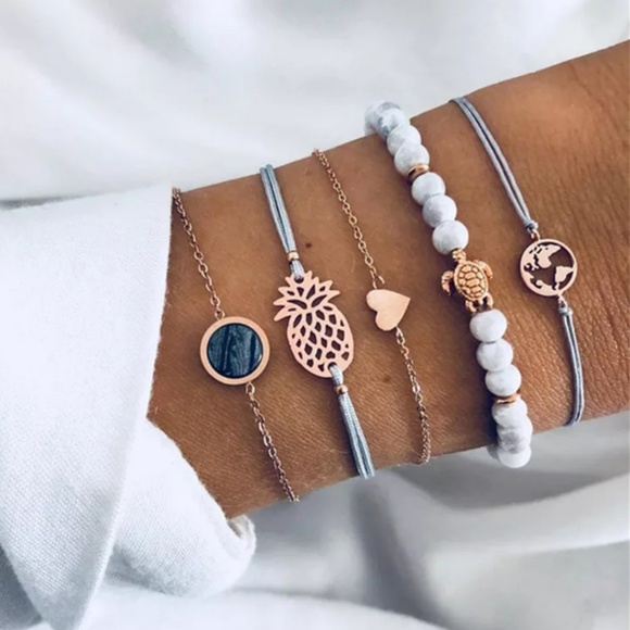 5 Piece Boho Gypsy Charm Bracelet Set Jewelry - 5 Piece Boho Gypsy Charm Bracelet Set Heart Chain